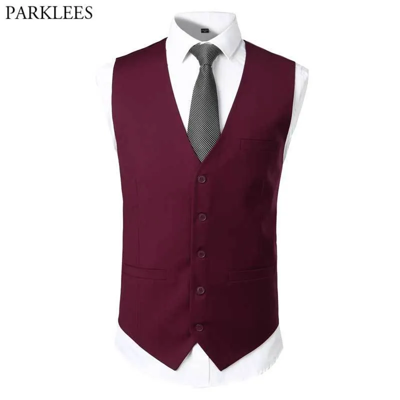 Mannen 2 stuk jurk pak vest met stropdas mode echte zak tuxedo vest mannen formele bruiloft chaleco hombre wijn rood 210522