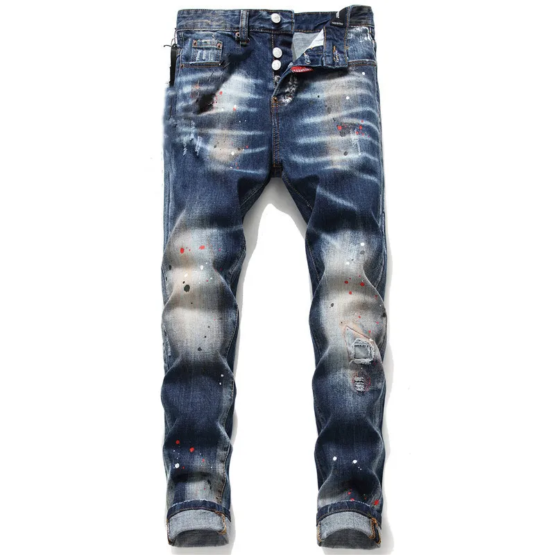 Dise￱ador de jeans para hombre DSQ Pies flacos Fashion D2 Pintura salpicada de color azul retro mendigo mendigo de moda jean