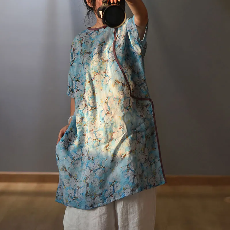 Johnature Chinese Style Ramie Платья для женщин Распечатать цветочные O-шеи с коротким рукавом лето винтажная женская одежда платья 210521