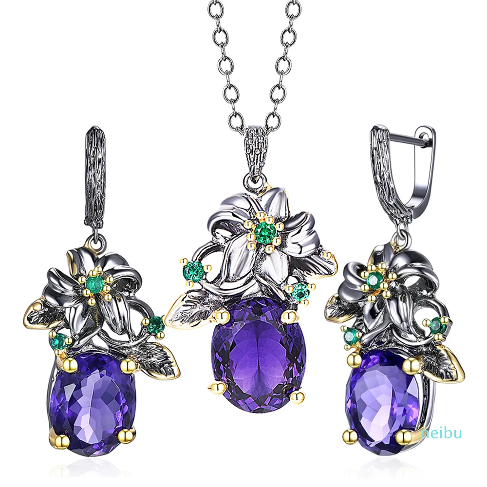 Flower Neaklace/Earrings 2pcs Set With Big Oval Purple Zircon Stones Jewelry Leaf Jewellery for Women