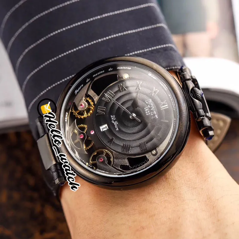 46mm Bovet 1822 Tourbillon Amadeo Fleurie Watches Automatic Mens Watch PVD Black Steel Case Roman Markers Skeleton Dial Leather Strap HWBT Hello_Watch
