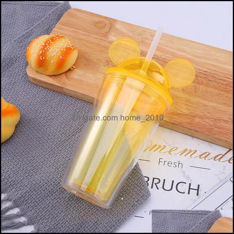 450ML Tumblers cute mouse ears plastic double wall transparent ice water bottle tumbler cup juice summer drink coffee straw bottles