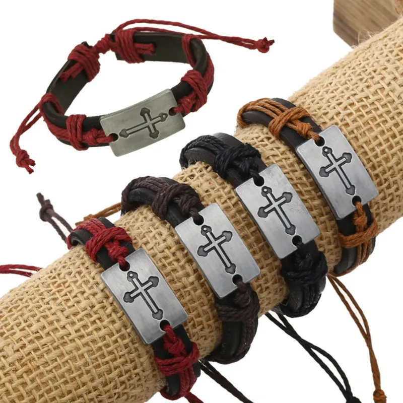 Кожаный веревка ручной работы плетеный сплав панк шарм браслеты браслеты для мужчин женские браслеты ювелирные изделия