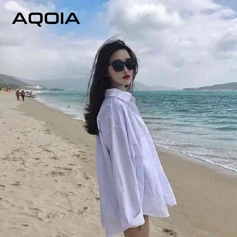 Aqoia streetwear långärmad chiffong plus storlek svart vita kvinnor skjorta knäppas upp lösa damer blusar kvinnliga skjortor 210521