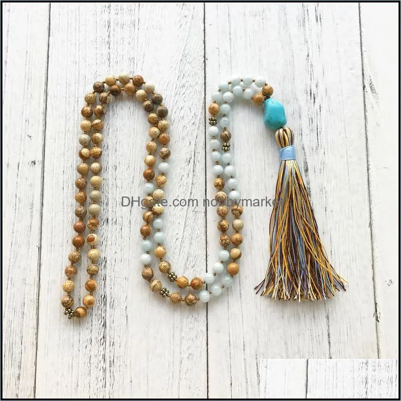 108 Knotted Mala Necklace Meditation Beads Buddhist Prayer Beads Picture Jaspers Tassel Necklace For Calming Balance Strength 210323