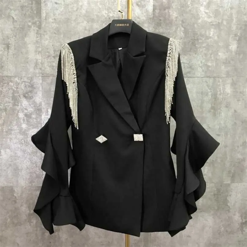 [EWQ] Autumn Sweet Women Jacket Ruffle Sleeve Beading Blazer Loose Female Ladies Office Coat Fringe Suits Outwear 211019