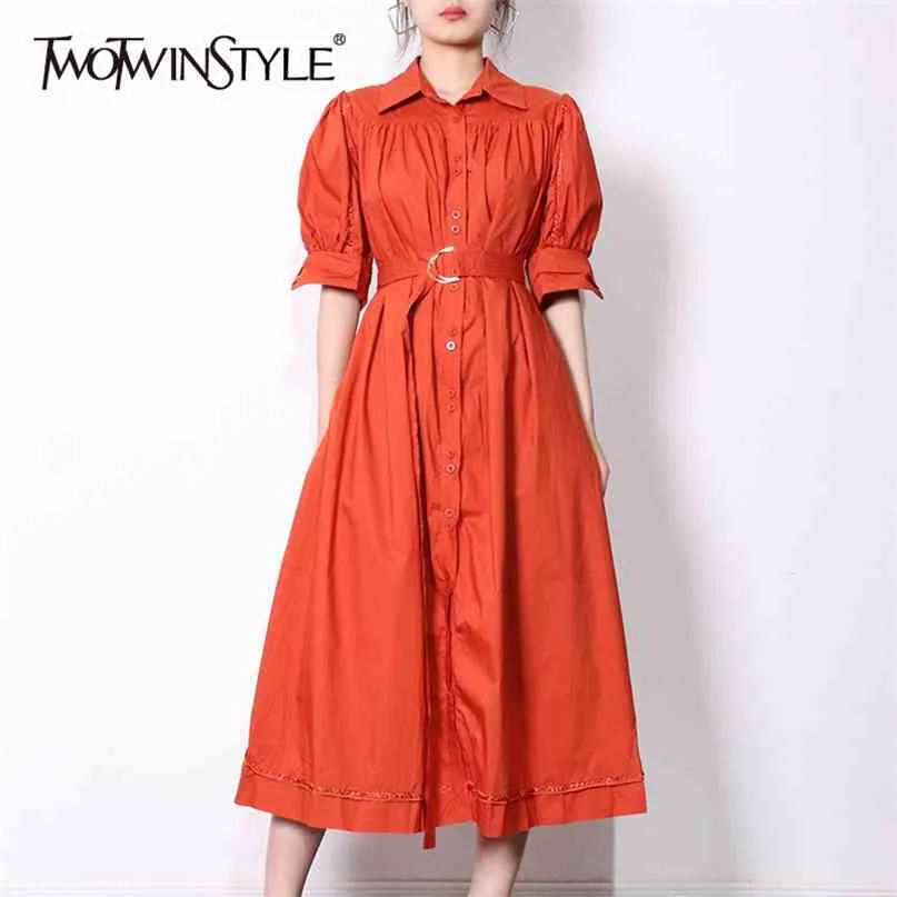 Vintage oranje jurk voor vrouwen revers halve mouw hoge taille sjerpen slanke midi jurken vrouwelijke zomer mode 210520