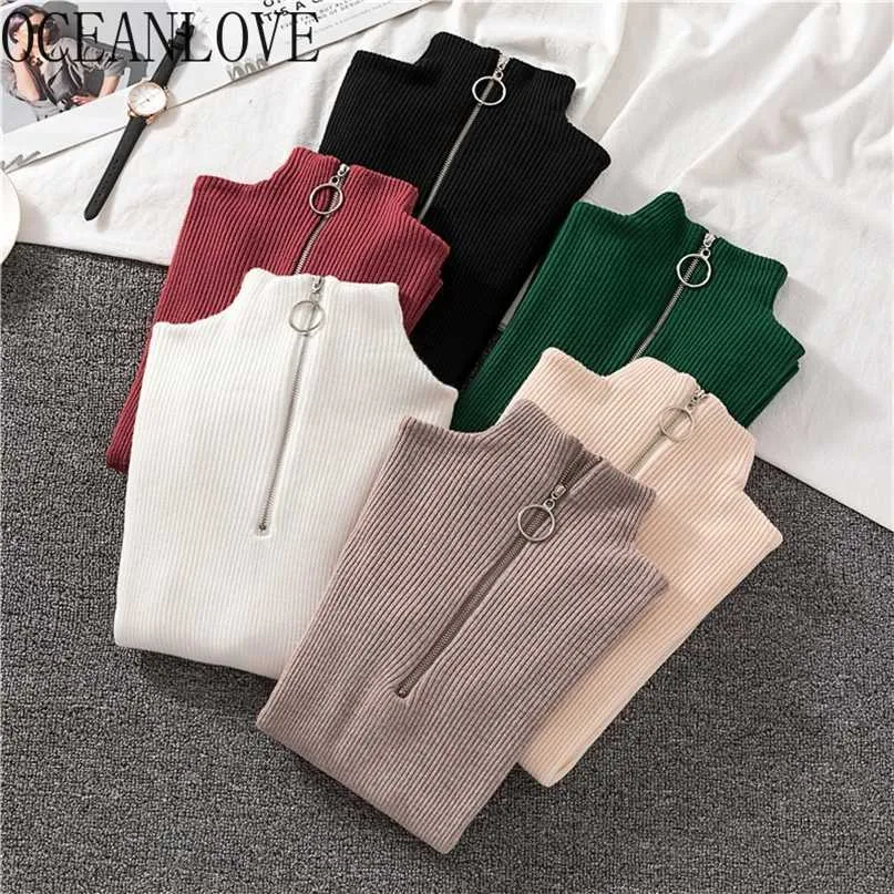 OCEANLOVE Cerniera Mezza Maglione A Collo Alto Delle Donne Solido Sottile Autunno Inverno Vestiti Suéter Mujer Moda di Base Pullover 12605 211011