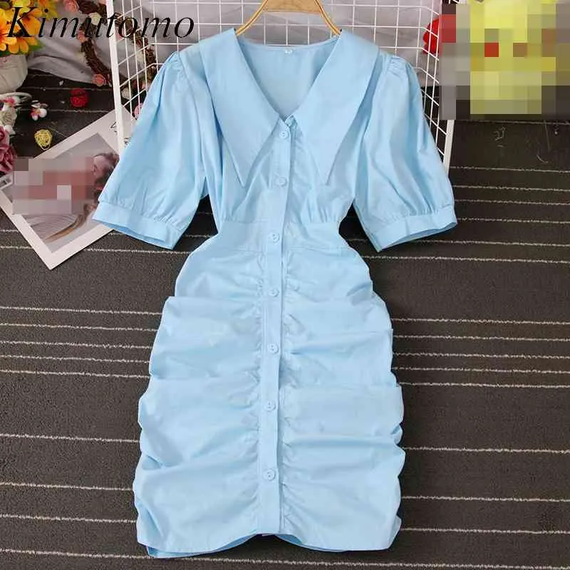 Kimutomo zoete peter pan kraag shirt jurk vrouwen zomer effen korte mouw slanke hoge taille single breasted bodycon vestido 210521