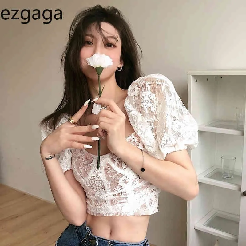Ezgaga Sexyレースシフォンパッチワークの女性ブラウス半袖スクエアカラー韓国のファッションスリムジッパーシックシャツ夏210430
