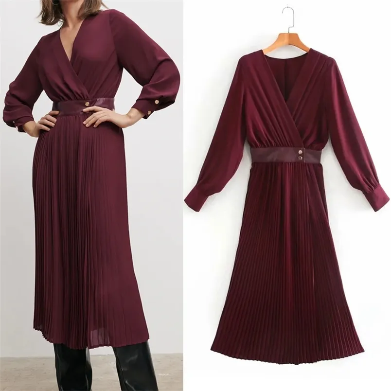 Pläterad Wrap Long Winter Woman Dress Chiffon Ruched Puff Sleeve Midi Kvinnor Eleganta Damer ES 210519