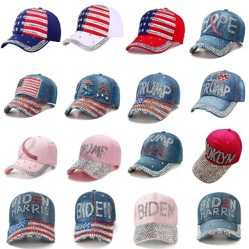 Party hattar 20 stil trump 2024 baseball cap val kampanj hattar cowboy diamant kepsar justerbara kvinnor denim t9i001444