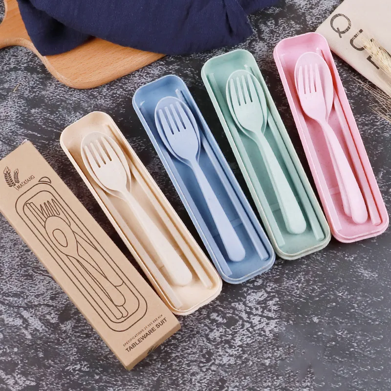 Environmental Wheat Platycodon Straw Cutlery Set Flatware Sets Portable Camping Tableware Spoon Fork Chopsticks 4 Colors