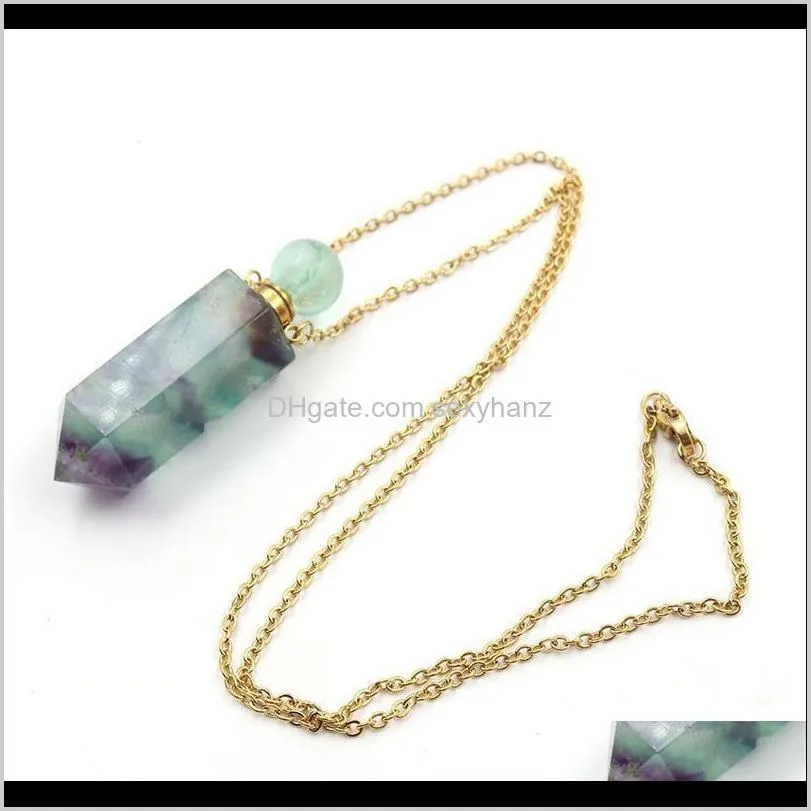 women necklace perfume bottle pendant natural rainbow fluorite stone hexagon point bead  oil diffuser chains n qylqkc