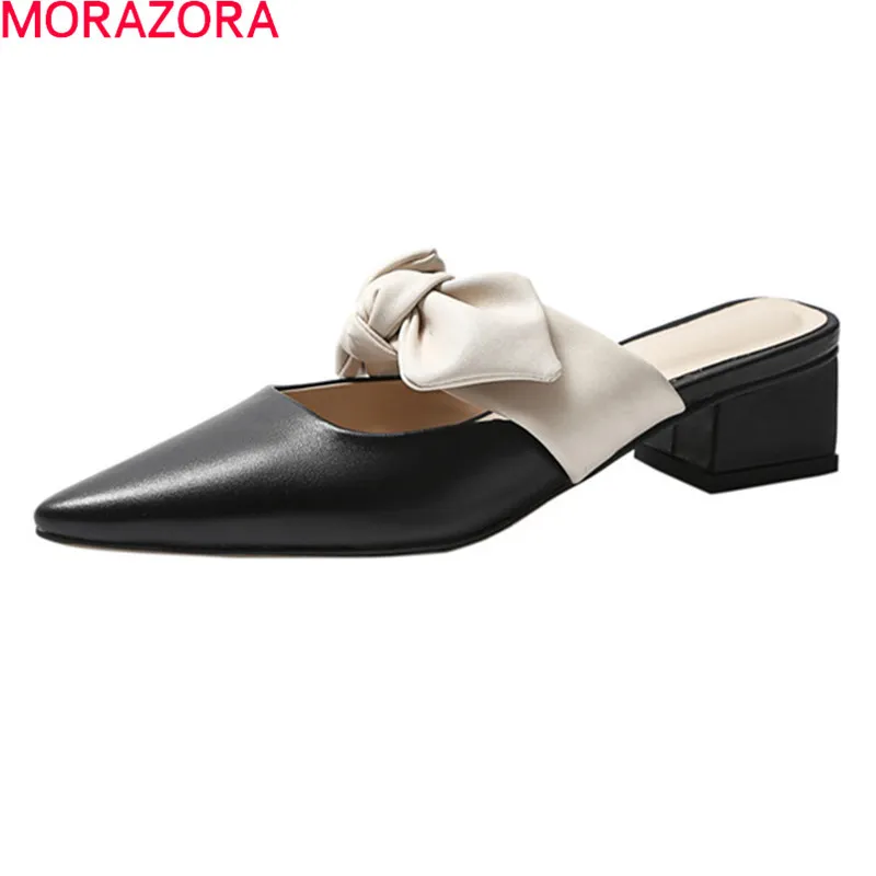 Morazora Äkta läder Kvinnor Tofflor Square Heels Pekade Toe Casual Shoes Fashion Bowknot Ladies Mules Skor 210506