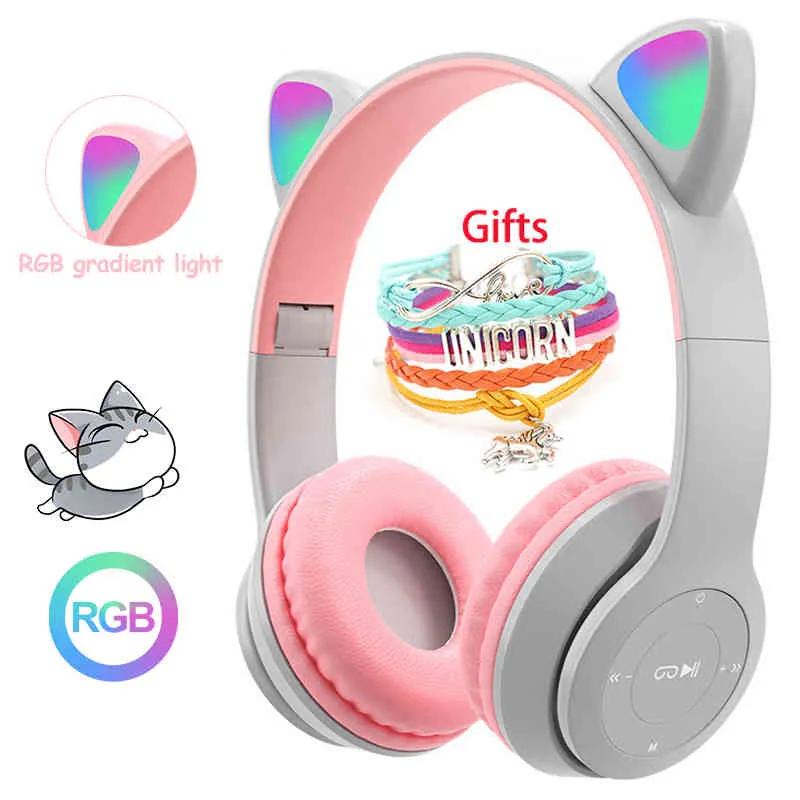 Trådlösa hörlurar kattöra med MIC Blue-tand Cool Glow Light Stereo Bass Hjälmar Barn Gamer Girl Present PC Phone Gaming Headset