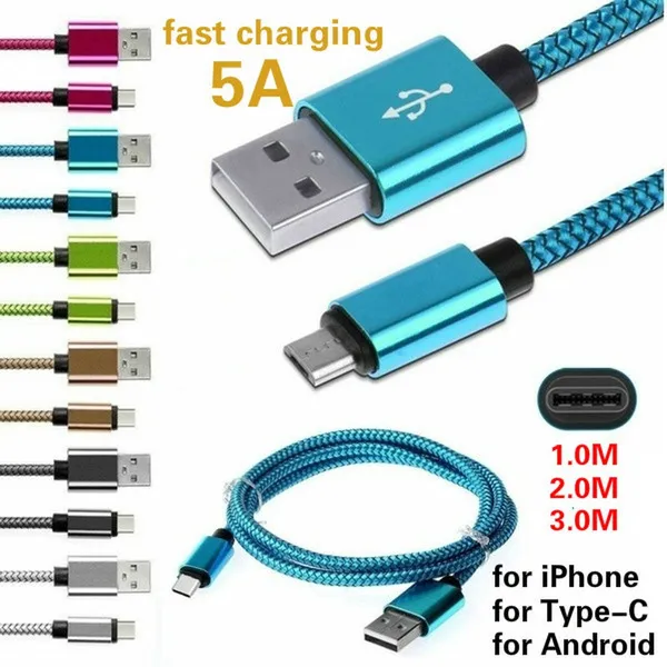 Süper Uzun 3 M / 10ft Hızlı Şarj Kabloları Hızlı Şarj Güç Kablosu Hızlı Şarj iPhone / Android / Tip-C / Mikro USB Kablosu ile Veri Senkronizasyonu USB-Port Bağlantıları