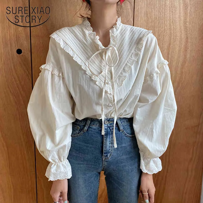 Abbigliamento sciolto Blusas Cotton Vintage Elegante Top Camicia stile coreano Solid Long Lantern Sleeve Women Camicetta 9580 210415