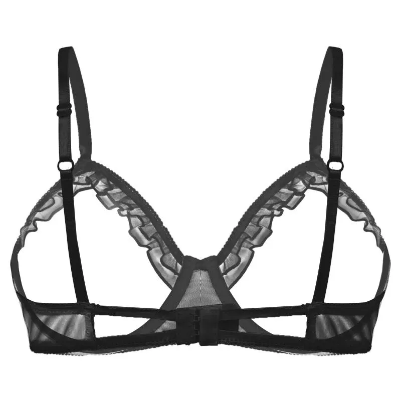 Donne di lingerie sexy vedono attraverso le tazze aperte a velo da bra reggiseno da donna a bordo morso rido