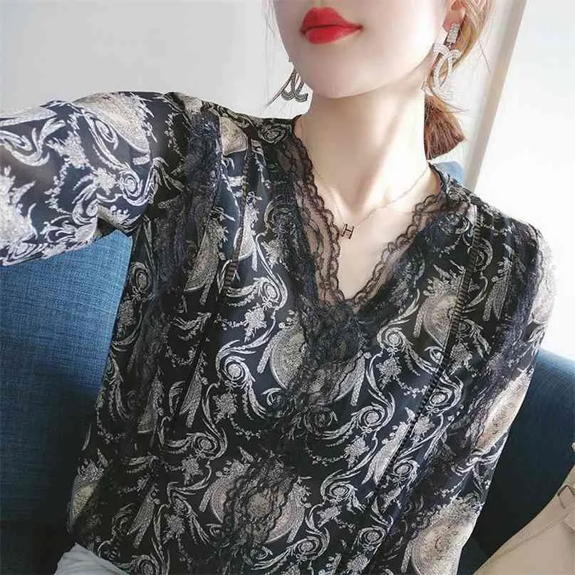 Mulheres Lace Camisa Manga Longa Outono Coreano Loto Impresso V-pescoço emagrecimento Elegante Moda Roupas Blusa P392 210527