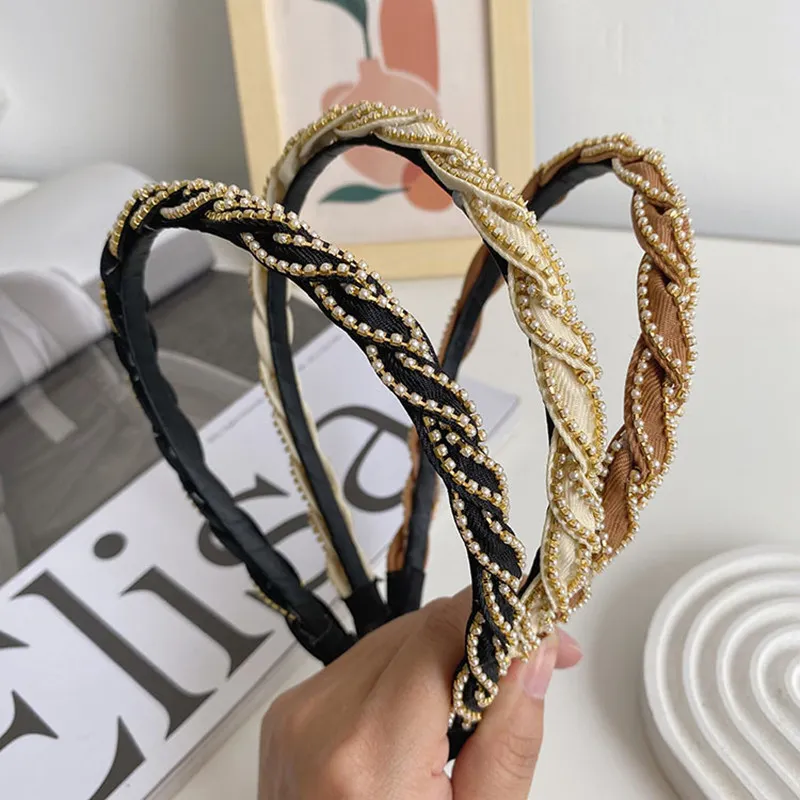 High-end Braided Pearl Chain Winding Headband Fashion Hair Accessories Women Thin Side Hairband boutique Cute Hair Hoop Headwear