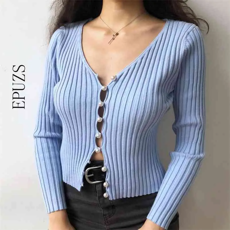 Vintage Różowy Dzianiny Kardigan Kobiety Topy Sexy V Neck Pearl Sweter Streetwear Ladies Winter Ubrania Koreański Kobiet Swetry 210521