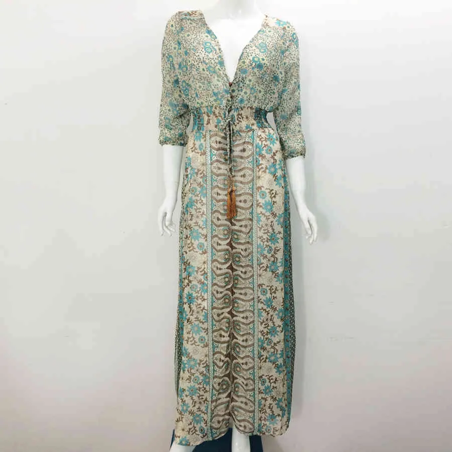Boho Vintage Floral Chiffon Boho maxi dress with Three-Quarter Sleeves and V-Neck - Perfect for Summer Gypsy Hippie Women - TEELYNN Vestidos 210409 Boho Vintage Floral Chiffon Boho maxi dress with Three-Quarter Sleeves and V-Neck - Perfect for Summer Gypsy Hippie Women - TEELYNN Vestidos 210409