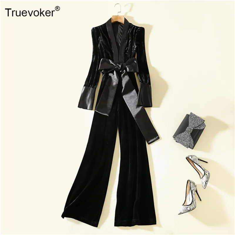 Truevoker 디자이너 벨벳 긴 Jumpsuit 여성 하이 엔드 패션 가을 풀 슬리브 섹시한 V 넥 블랙 벨벳 Rompers 파티 210602