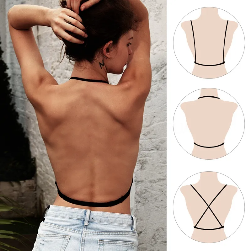 Sexiga Bra Kvinnor Underkläder Straps U Backless Lace Kvinna Tunn Kopp Underkläder Underkläder Trim Trådlös Soft Cup Osynlig Bra