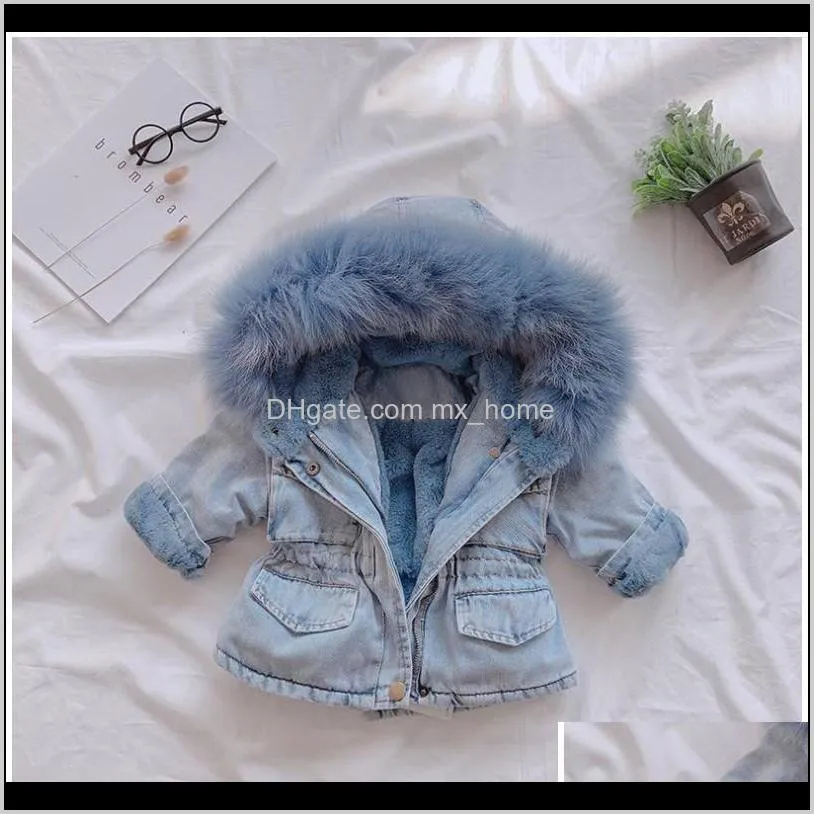 2021 new arrivals girls winter thicken coats children denim hooded coat kids fur collar cotton jacket baby girl outwear