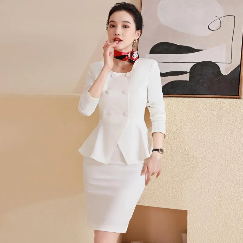 Vestido de duas peças Moda Branco Blazer Mulheres Ternos de Negócios Senhoras Saia E Jaqueta Define Trabalho Wear Wear Office Uniform Styles