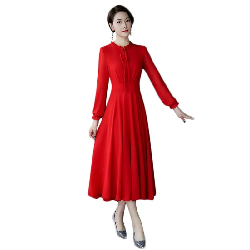 Casual Dresses Chiffong Dress Women Red Black M-5XL Plus Storlek Långärmad 2021 Vår sommar Koreanska Bow Collar Slim Party Maxi LR789