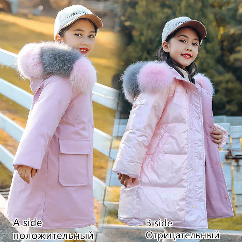 新しいファッションの冬の女の子両面ダウンジャケット防水厚いコート4-12 yrs子供のアウターパーカーの本物の毛皮の服スノイスーツH0909