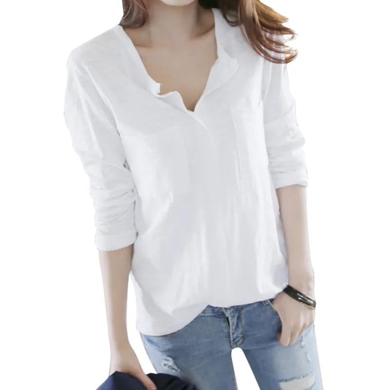 Herbst-koreanisches Langarm-T-Shirt aus Slub-Baumwolle für Damen mit V-Ausschnitt und lockerem Hemdoberteil in Übergröße 210510