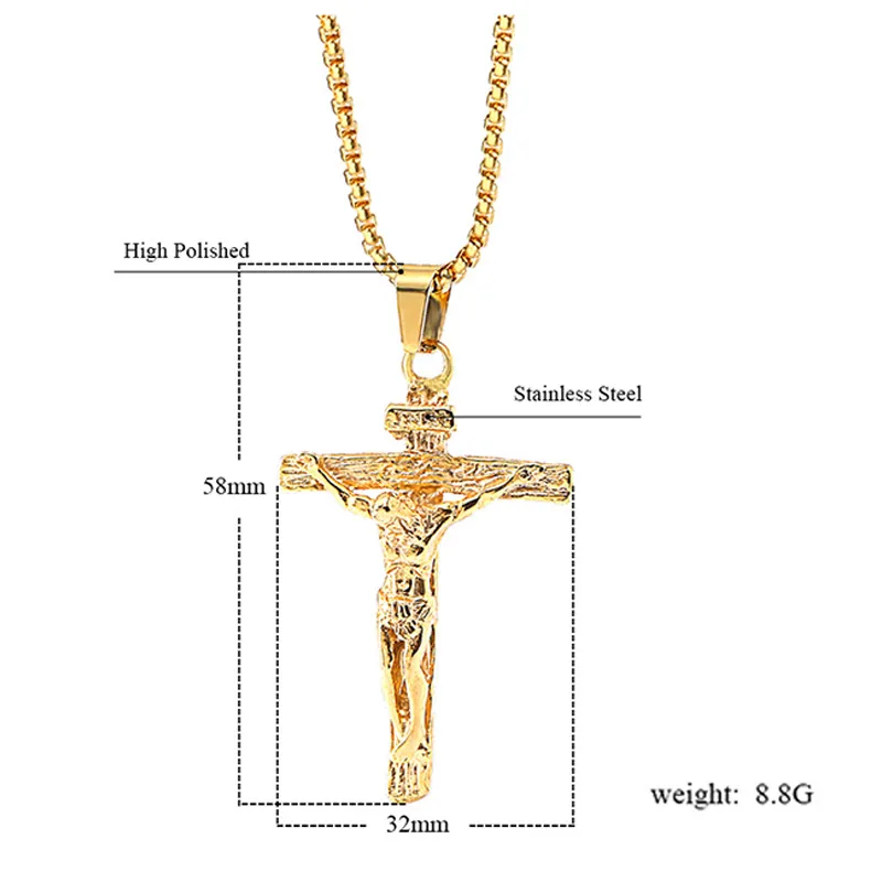 Unisex-Herren-Halskette mit Anhänger aus Edelstahl, christliches Kreuz, Kruzifix, Jesus, Schutzpatron, mit Rolo-Kette2478