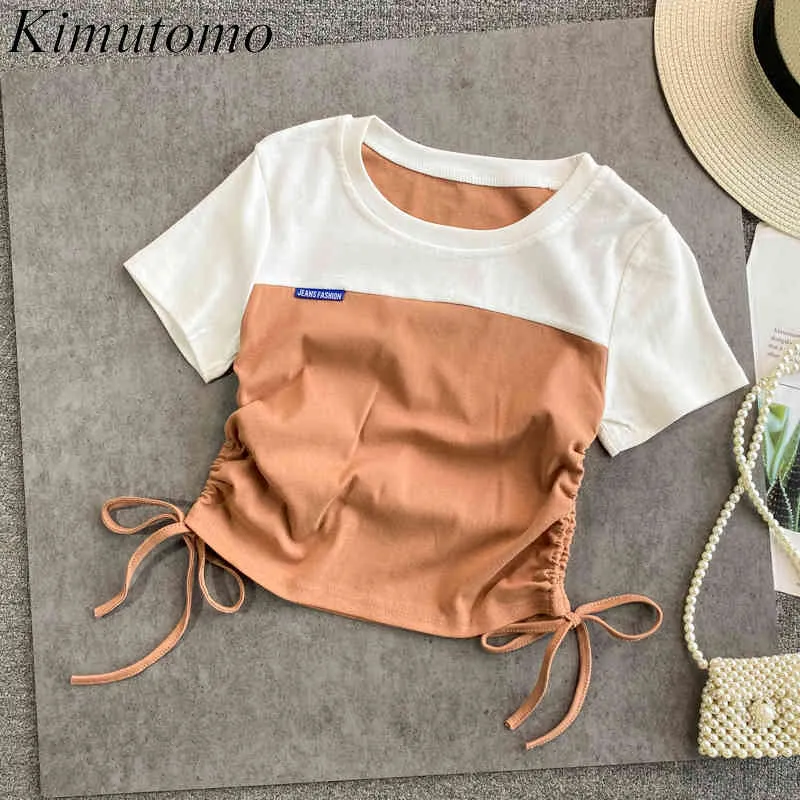 Kimutomo Couleur Contraste T-shirt Femme Patchwork O-cou À Manches Courtes Cordon Bandage Minceur Top Dame D'été Casual Mode 210521
