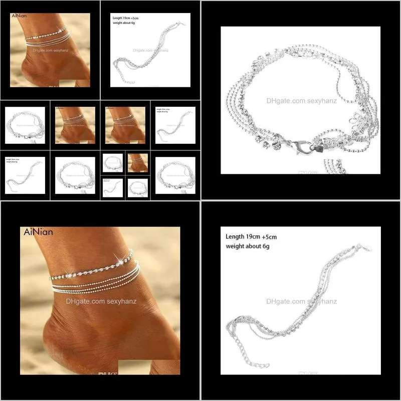 ainian hot selling chic women`s 4 layers crystal beads sandal beach anklet chain multilayer chain shining rhinestone foot chain
