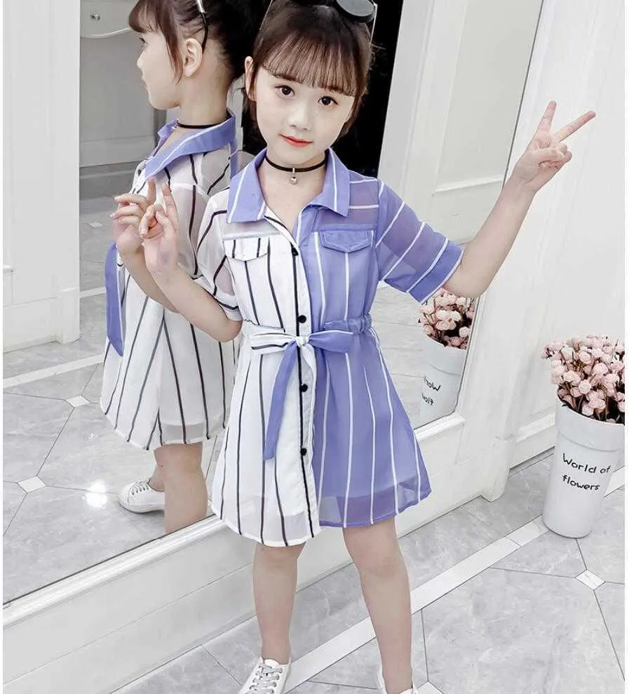 シャツガールシフォン夏のドレスストライプスプライシングの色のティーンエイジャー女の子の服子供の女の子の服3 4 5 6 7 8 9 10 11 12年Q0716