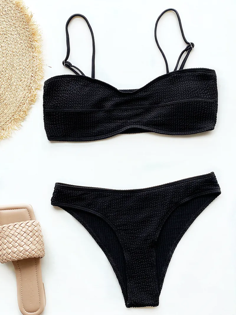 Żebrubowe dwuczęściowe garnitury czarne 2023 seksowne bikini set bandeau plisowany falisty solidny strój kąpielowy bandaż bandaż plażowe monokini stroje kąpielowe push upnie.