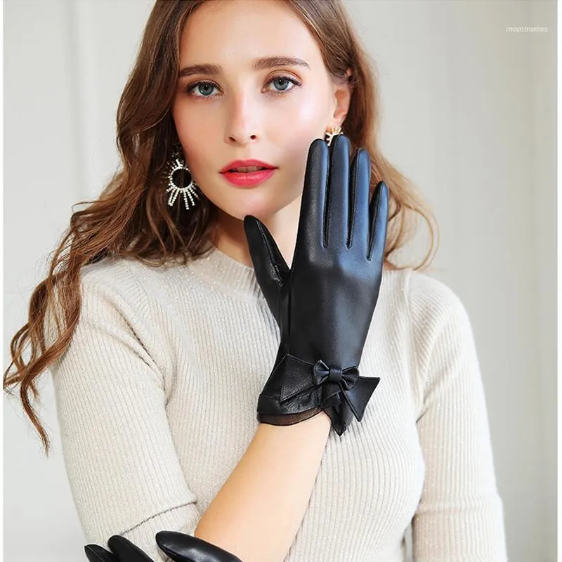 Gants de mode en fourrure de poisson zéro femmes, décoration papillon côté poignet, cuir véritable, gants pour femmes, gants féminins, gratuit 1