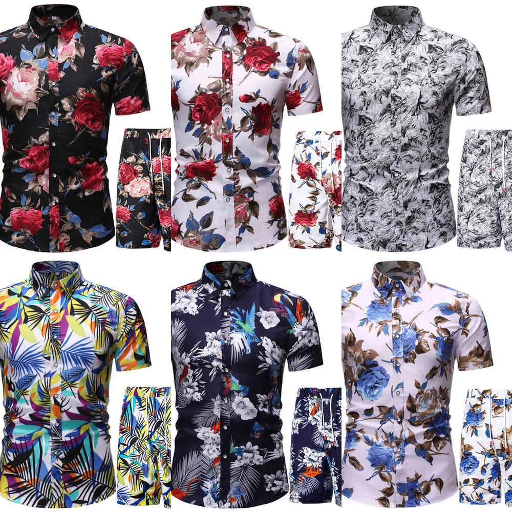 Mode Hawaiian Set Männer Blumen Drucken Kurzarm Taste Hemd Strand Shorts Sets Casual Sommer Streetwear Männlichen Anzug 2 Stück x0610