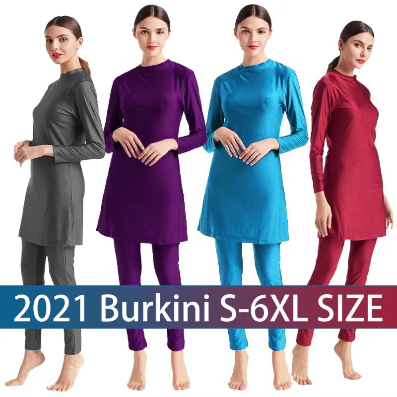 Ropa de baño Sólido Islámico Tallas grandes Dos piezas Moda musulmana Burkini Mujer Manga larga Traje de baño de cintura alta Bufanda Mujer Máscara de baño de playa 6XL