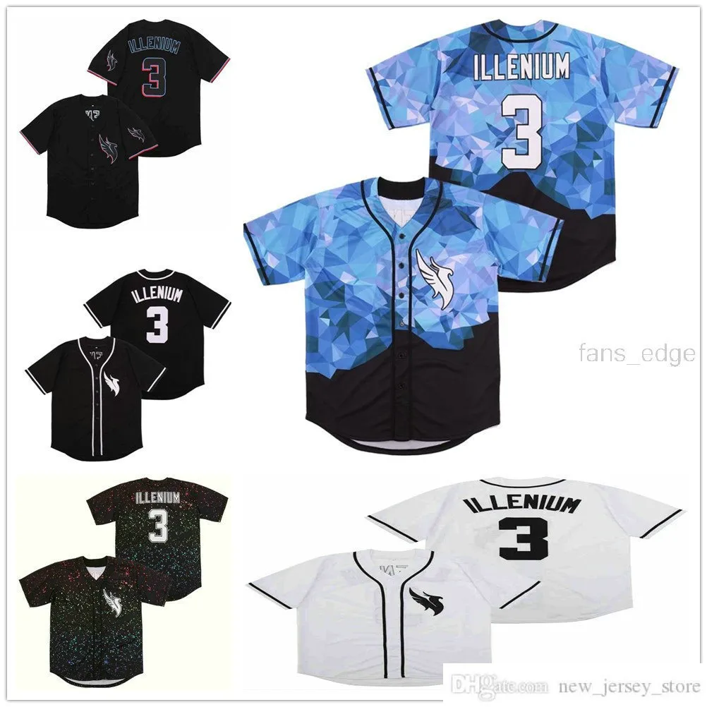 남자 야구 유니폼 가수 3 DJ Illenium 스티치 저지 저지 셔츠 고품질 화이트 블랙 패션 버전 다이아몬드 에디션