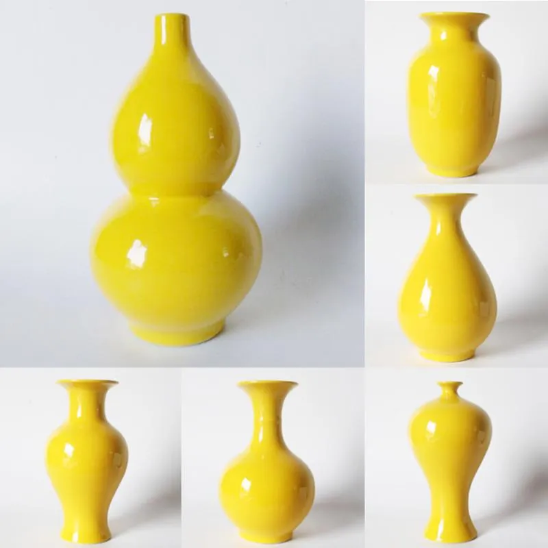 Vasi Vaso di fiori gialli di Jingdezhen Bottiglia di ceramica Zucca Arredamento per la casa puro Ornamenti Feng Shui A $