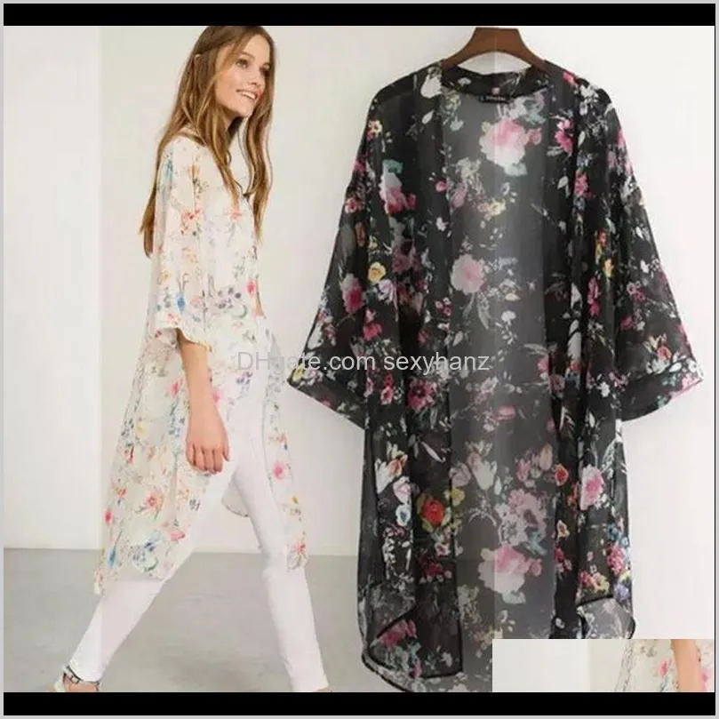 Kvinnor Blusar Kimono Cardigan Kvinnor Vintage Floral Chiffon T-shirts Loose Shawl Boho Toppar Lång solskyddsmedel Blus1 1NXT7 ZE4SZ