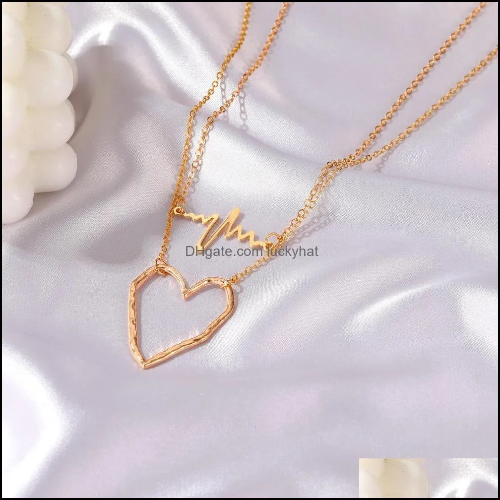 20pcs/Lot Hot Double Layer Heartbeat Clavicle Chain Metal Hollow Heart Pendant Necklaces Women Love Choker Sweater Necklace Jewelry