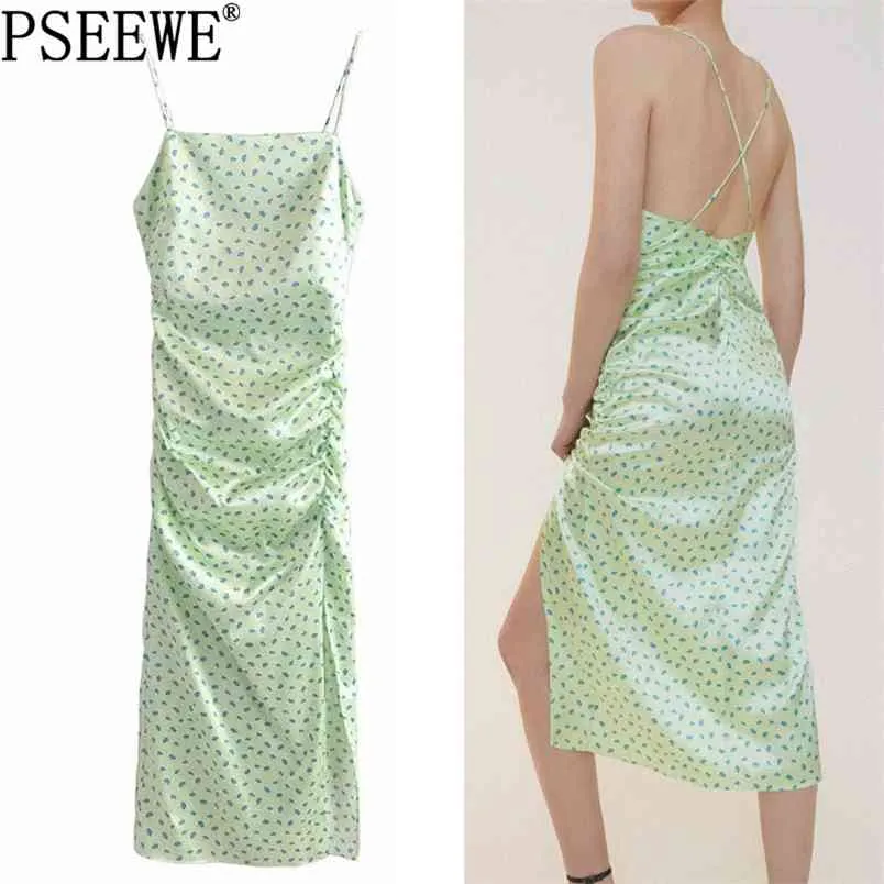 Slip Long Dress Woman Green Floral Satin Midi Women Backless Ruched Sexy Es Ladies Strap Party Es 210519