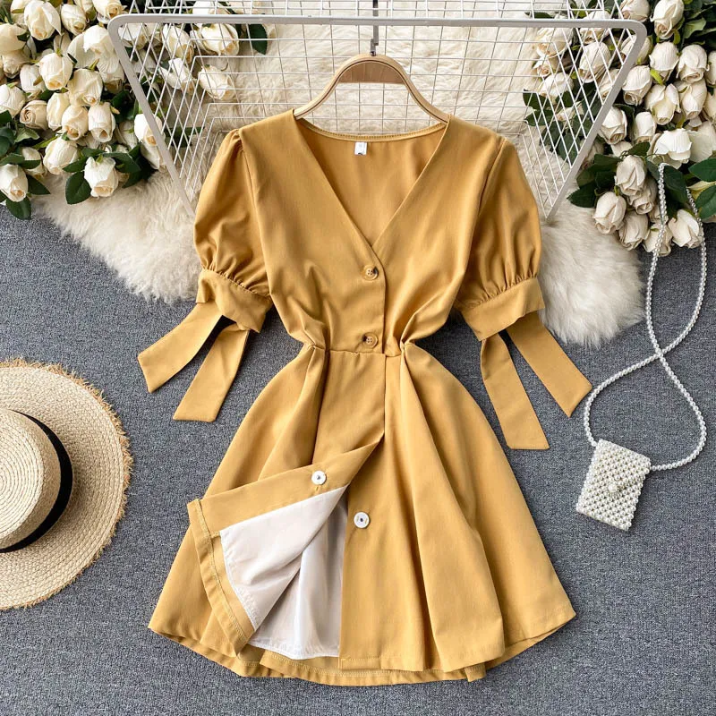 Summer Women Vintage V-Neck Single Breasted Bow Mini Dress Causal Female Puff Sleeve High Waist Slim Solid 210423