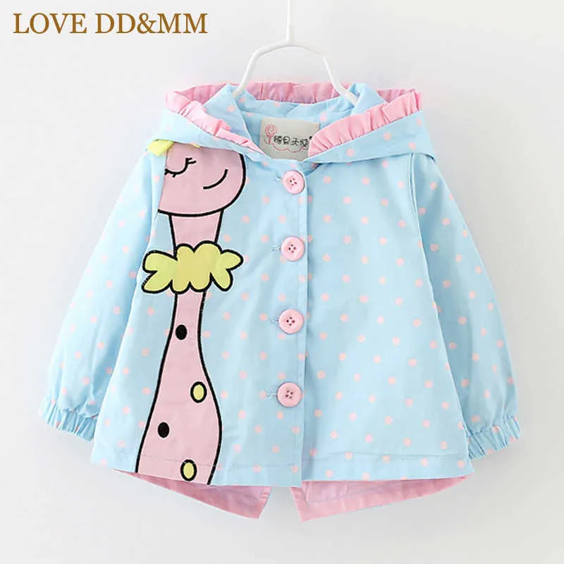 Liefde ddmm meisjes jas winter kid's kleding meisjes leuke lange mouwen cartoon giraffe print hooded windjack jas 210715