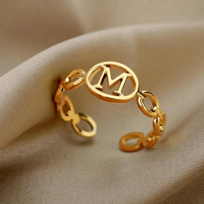 Cluster anéis letra inicial para mulheres de ouro de aço inoxidável capital A-Z ajustável Abertura de dedo anel moda natal jóias presente